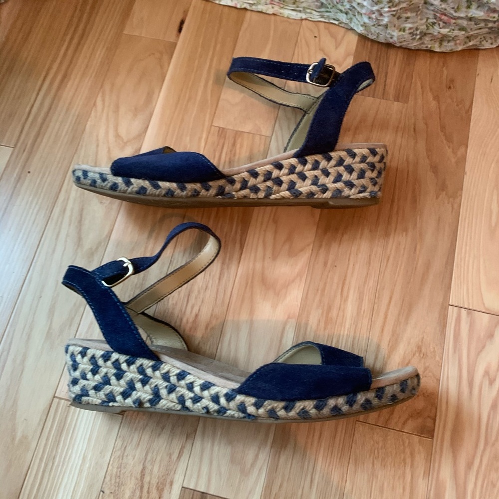 Land's End blue suede wedge sandals.